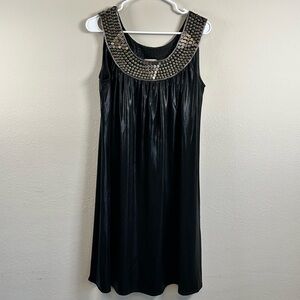 Vintage Lucca Black Stretch Shift Dress‎ Large Metallic Disc Collar Y2K Party